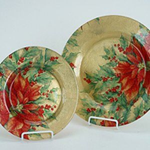 🎄SALE Set Holiday Gold Poinsettia Decoupage Glass Candle Plates Chargers NWT